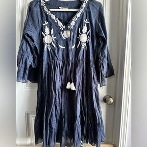 Embroidered Navy Blue Maxi  Dress with White Embroidery